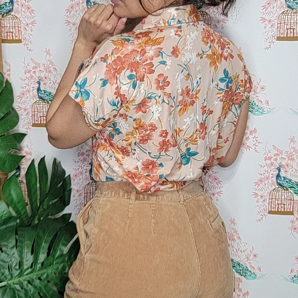 Vintage Floral 90's Shorts Cap Sleeved Button Down Floral Print Shirt - Picture 3 of 6